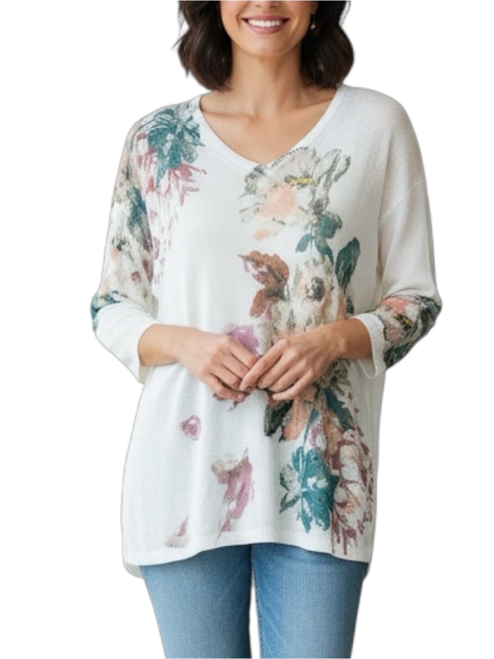 J. Jill Sz SMALL White Floral Print Linen Blend V-Neck Lightweight Sweater